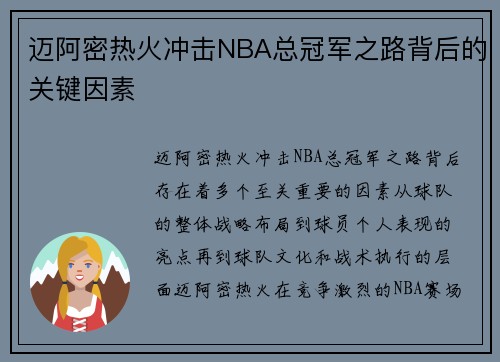 迈阿密热火冲击NBA总冠军之路背后的关键因素